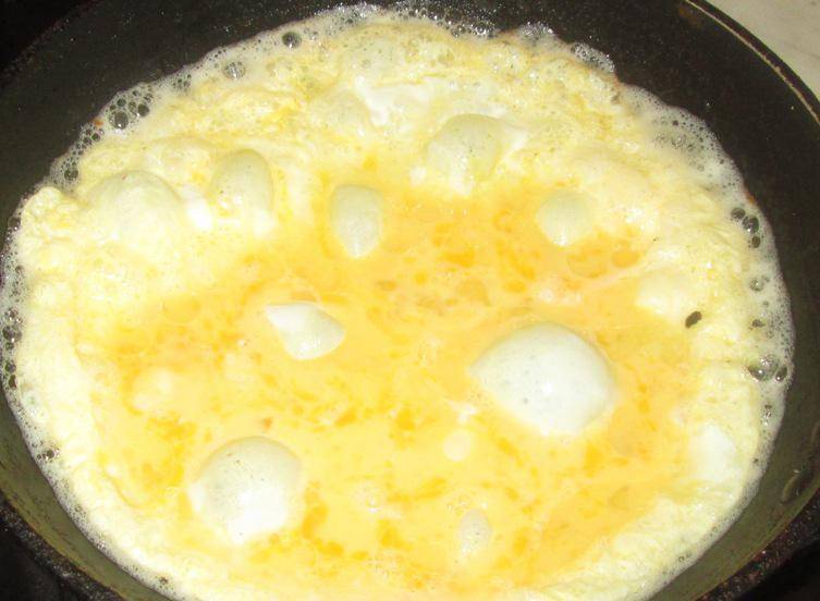 Взбейте венчиком яйца с молоком и солью. Прогрейте сковороду с растопленным сливочным маслом на средне-высоком огне. Влейте яичную массу на сковороду.