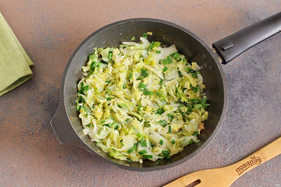 Когда капуста будет почти готова, добавьте к ней нарезанный зеленый лук, соль, перец по вкусу и тушите все вместе еще пару минут.