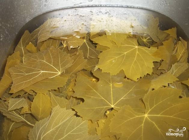 Виноградные листья промываем, бросаем в кастрюлю с кипящей подсоленной водой, отвариваем 3-4 минуты, после чего окатываем ледяной водой и оставляем в ней.