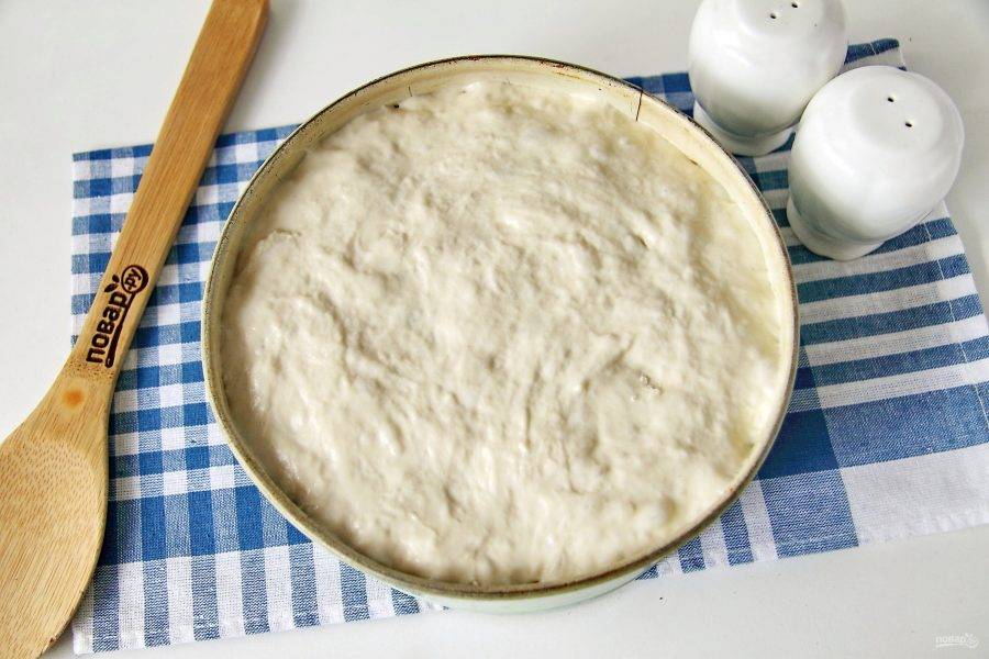 Вылейте сверху оставшееся тесто, стараясь распределить его равномерно. Поместите форму с пирогом в разогретую до 180 градусов духовку и готовьте около 45 минут.