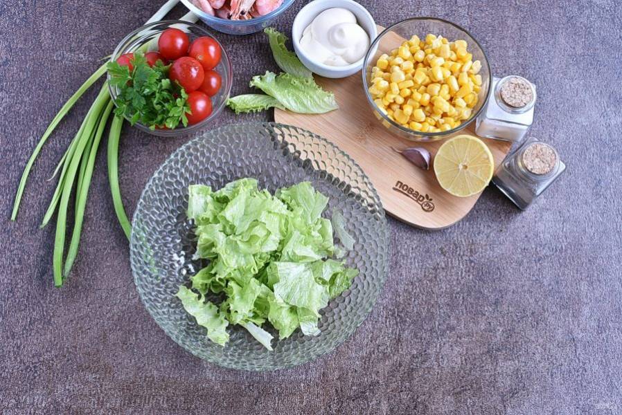 Вымытый и просушенный салат крупно нарвите и выложите в салатницу.