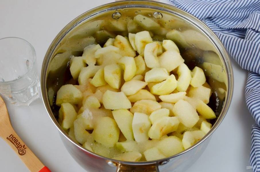 Яблочный отвар влейте в кастрюлю с яблоками. Доведите до кипения и варите 1 час, за это время яблоки размягчатся, выпарится влага. Регулярно перемешивайте, чтобы джем не пригорел.
