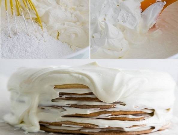 9. Для приготовления крема взбейте сметану с сахарной пудрой, добавьте отдельно взбитые сливки и перемешайте. Перемажьте торт, остатки крема распределите по бокам и верху торта. Присыпьте крошкой и оставьте на ночь, чтобы "Медовик" хорошо пропитался. 