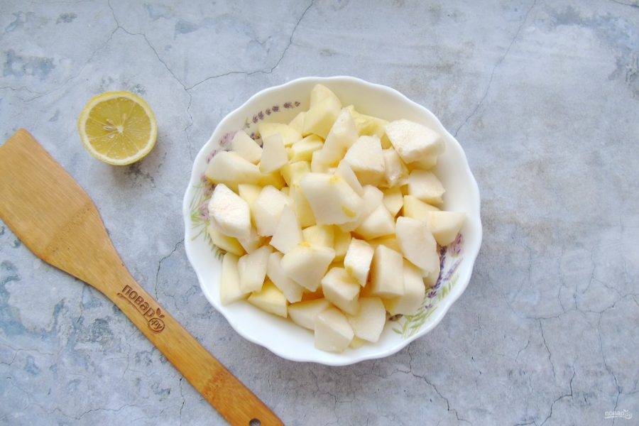 Яблоки и груши помойте, очистите и нарежьте небольшими кубиками. Полейте лимонным соком.