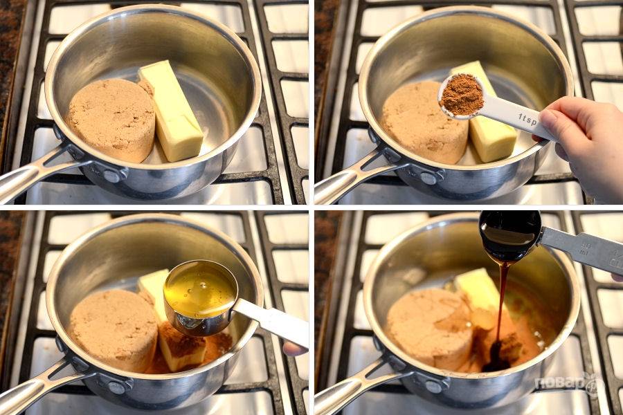 4. Растопите коричневый сахар, мед, корицу, сливочное масло, и патоку. Доведите до кипения, переодически помешивайте.