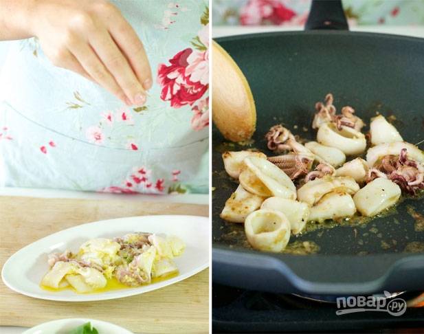 2. Перекладываю морепродукты на тарелку, туда выливаю оливковое масло и выдавливаю сок одного лимона, добавляю мелко рубленый чили, корень имбиря и чеснок, перемешиваю и оставляю на 1 час для маринования. Затем разогреваю сковороду и выкладываю морепродукты, обжариваю 1-2 минуты.