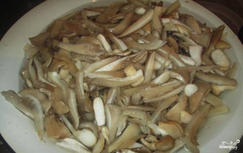 Переберите грибы, промойте их проточной водой. Высушите и нарежьте грибы некрупными полосками. Насыпьте на грибы немного соли.