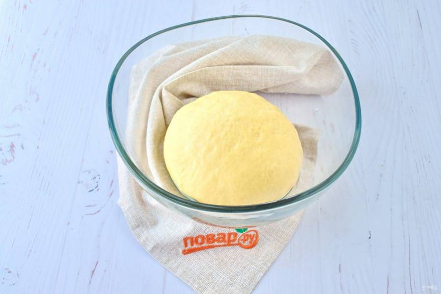 2. Яйца взбейте с сахаром, ванилином и солью, добавьте масло и теплое молоко. Всыпьте половину муки, перемешайте. Добавьте остальную муку, замесите гладкое однородное тесто, не прилипающее к рукам. Округлите тесто и поместите в миску, смазанную маслом. Накройте пищевой пленкой и поставьте в теплое место для подхода на 1 час.