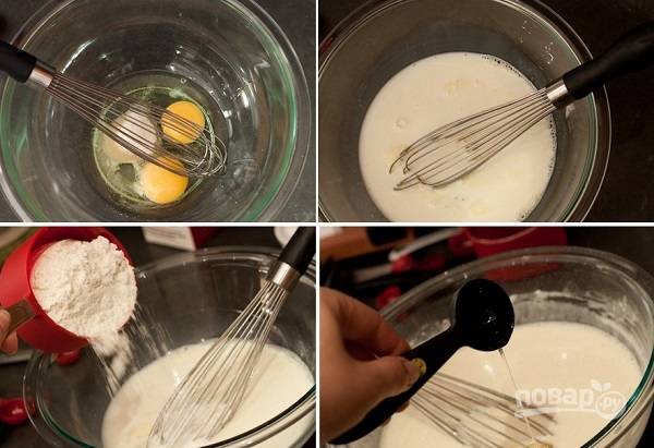 1. В мисочке взбейте яйца с сахаром и солью. Влейте половину молока, всыпьте просеянную муку. Перемешайте. Добавьте остальное молоко и растительное масло. 