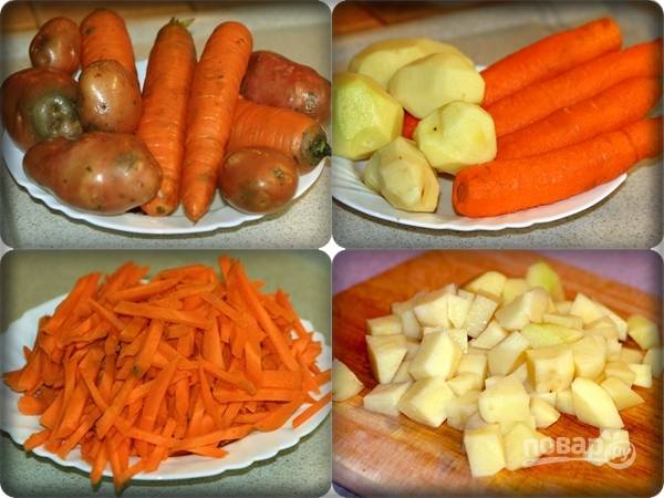2. Вымойте, очистите и нарежьте морковь и картофель. 