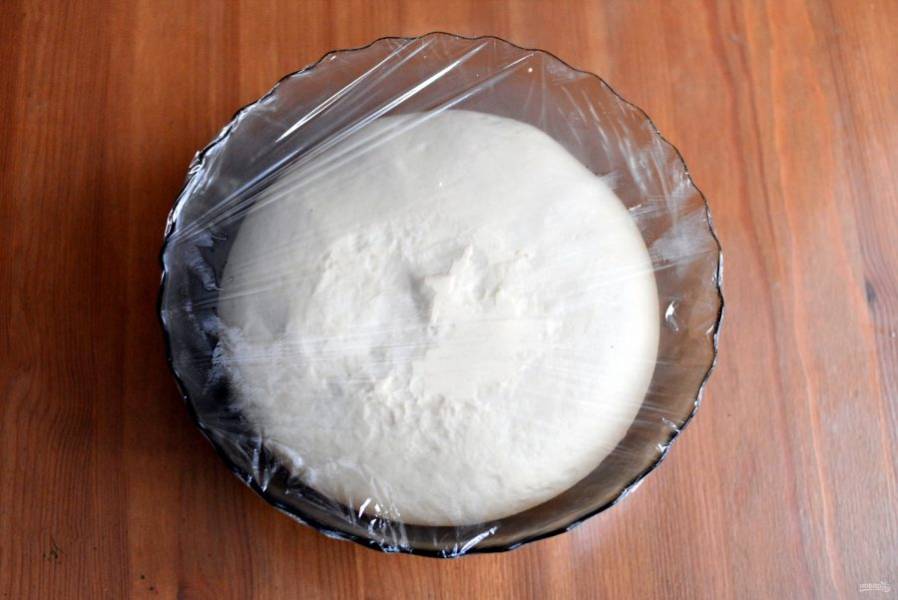 Скатайте тесто в шар и переложите в смазанную маслом миску. Затяните миску пищевой пленкой и дайте тесту подойти в теплом месте вдвое.