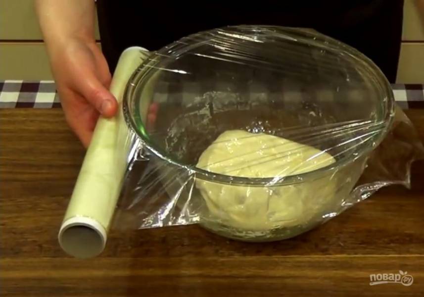 3. Миску смажьте растительным маслом, обкатайте в нем тесто, накройте пищевой пленкой. Оставьте в теплом месте на час, чтобы тесто увеличилось вдвое. 