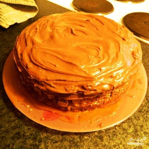 Обильно смазываем торт растопленным шоколадом (сверху, с боков). Украшаем арахисом.