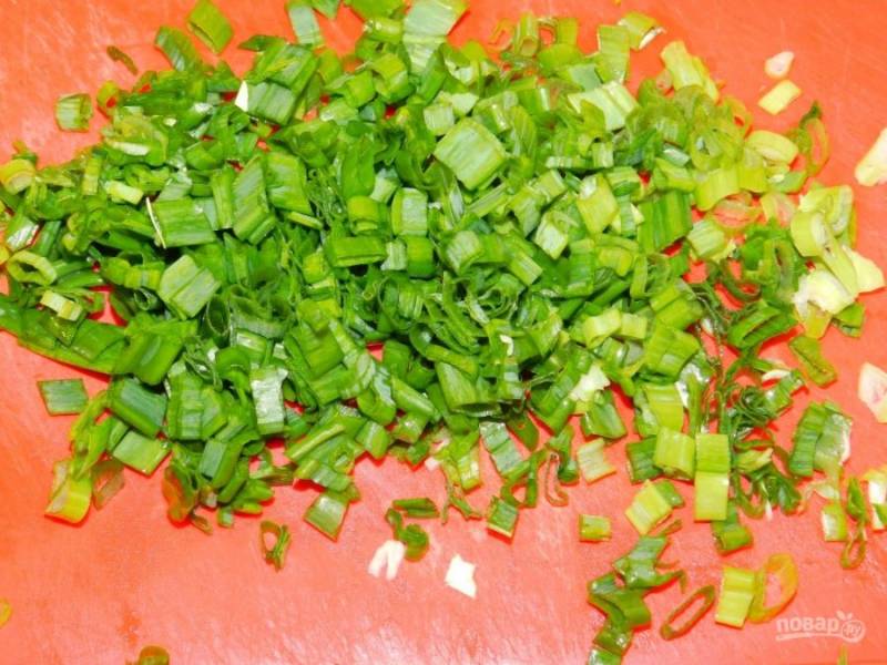 Мелко нарежьте зеленый лук и добавьте к капусте.