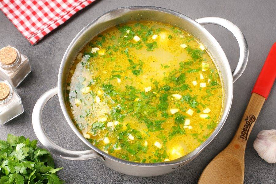Куриный суп с сырными шариками и картофелем готов. Дайте ему немного настояться и подавайте к столу. 