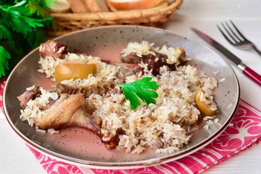Рецепт: Утка фаршированная рисом и запеченная в духовке - с рисом и горчицой, в духовке