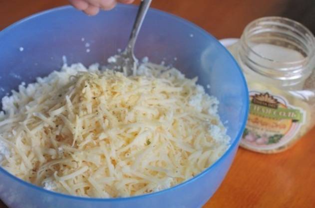 Добавьте тертый сыр и соль, тщательно перемешайте.