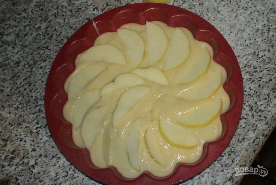 Залейте получившимся тестом яблоки в форме. Поставьте шарлотку в духовку, которую нужно заранее разогреть до ста восьмидесяти градусов. Выпекайте сорок минут, проверяя готовность длинной деревянной зубочисткой. 