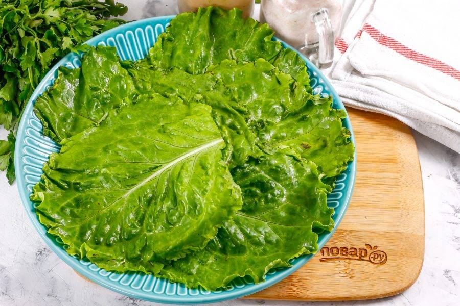 Промойте листовой салат в воде, слегка обсушите бумажным полотенцем и выложите на тарелку.