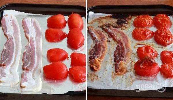 1. Первым делом выложите на противень бекон и нарезанные половинками помидоры. Отправьте в разогретую духовку минут на 20. 