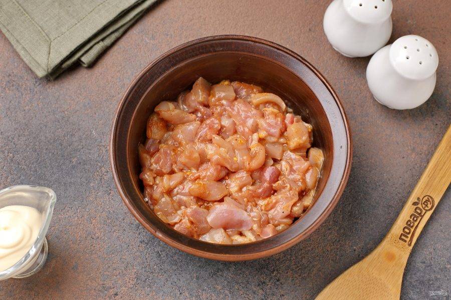 Переложите куриное филе в глубокую тарелку, посолите, добавьте любимые специи и перемешайте.