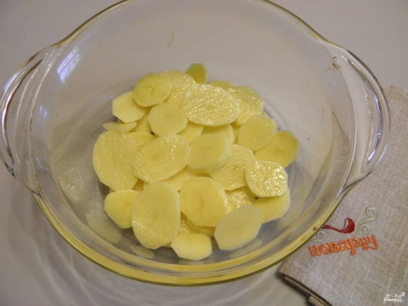 Возьмите огнеупорную форму для запекания. Смажьте ее растительным маслом. Картофель очистите от кожуры, порежьте кружочками толщиной не более 5 мм. Уложите на дно формы и посолите.