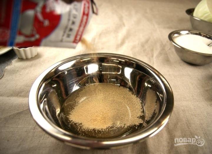 Муку просеиваем. В сухие дрожжи добавляем сахар и стакан теплой воды. Перемешиваем и ждем, когда на поверхности появиться пена. Затем добавляем к дрожжам муку и соль. 