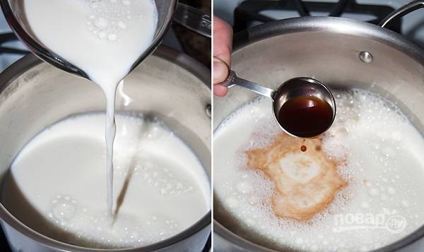 1. Молоко доведите до кипения (100 мл отлейте пока) с ванильным экстрактом. 