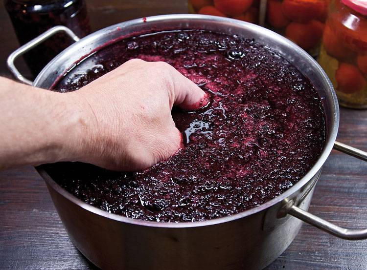 Закройте вино полотенцем, оставьте его в темном месте. Через неделю ягоды должны подняться вверх. Засуньте руку в емкость с вином, перемешайте. Затем, вылавливая кусочки мякоти, выдавливайте из них жидкость, а мякоть отправляйте в дуршлаг. 