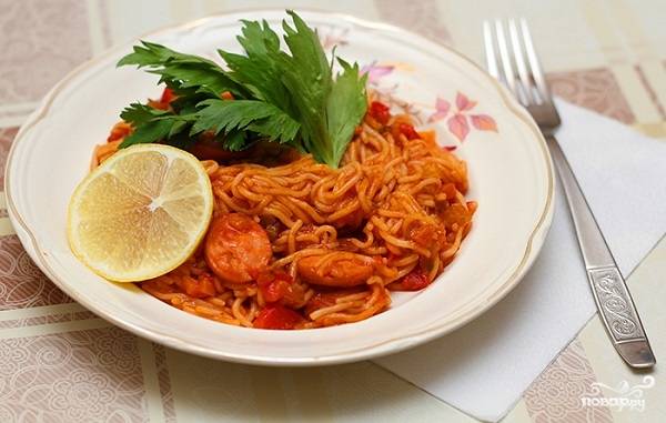 Спагетти с сосисками – рецепт с фото