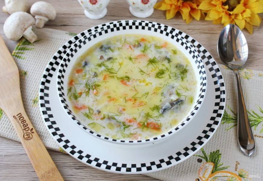 Сырный суп с плавленным сыром и грибами шампиньонами рецепт с фото пошагово