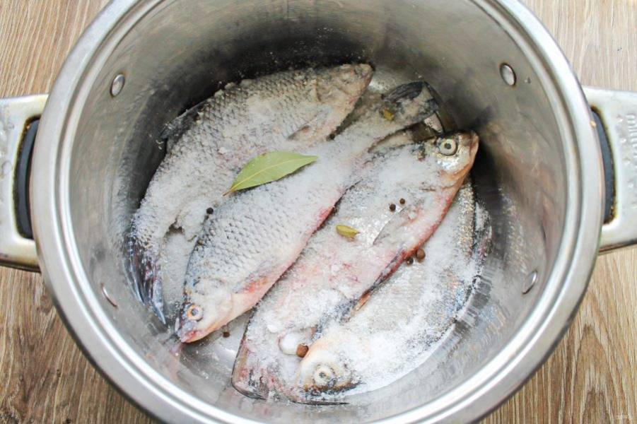 Рыбу хорошо вымойте. На дно кастрюли насыпьте соль и выложите первый слой рыбы в шахматном порядке. Выложите часть специй и один лавровый лист. Хорошо засыпьте слой солью.