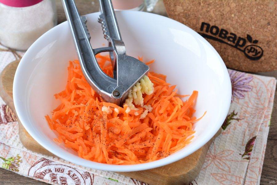 Натрите почищенную морковку на терке, выдавите чеснок через пресс, посолите и поперчите по вкусу.