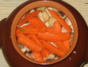 Морковь режем толстой соломкой, кладем на шампиньоны.