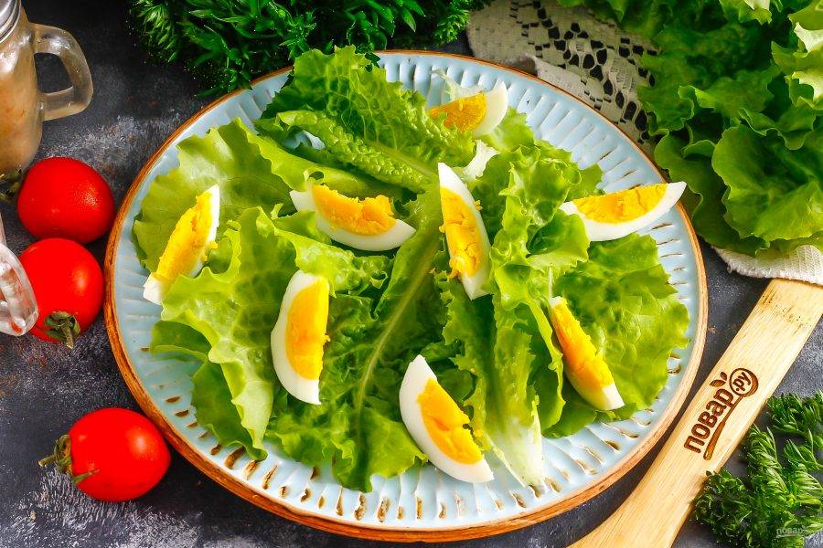 Нарежьте отварное куриное яйцо четвертинками и выложите между листьев салата.