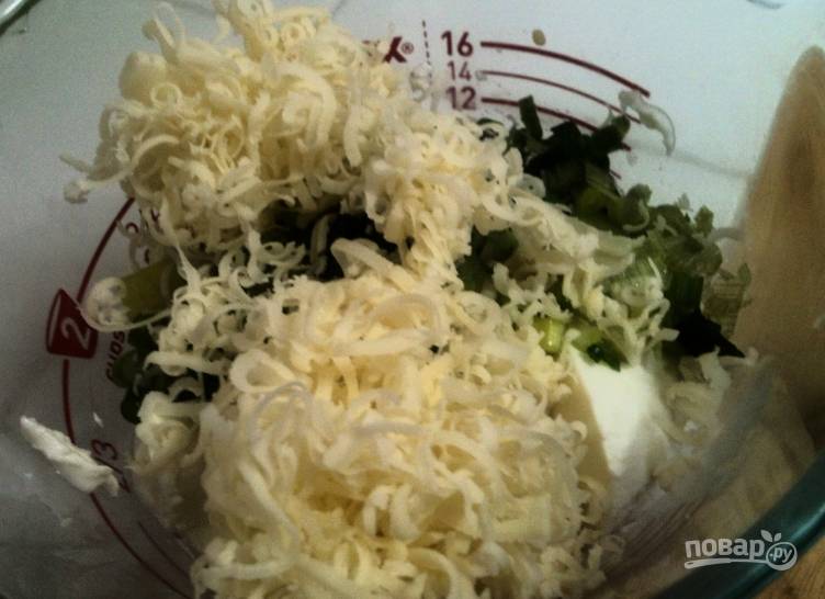 Смешайте рикотту с измельченным зеленым луком, добавьте натертый на терке твердый сыр и горчицу. 