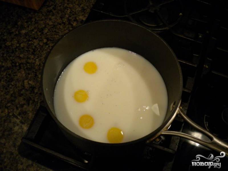 1.	Венчиком взбить желтки, молоко, сахар и соль до однородности. Равномерно посыпать желатином смесь и дать постоять 1 минуту, чтобы желатин размяк. 