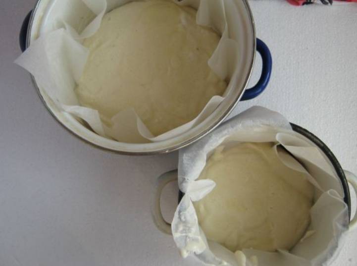Разделите тесто на две части (одна часть больше другой). Застилаем дно двух кастрюль (разного диаметра) или форм для выпечки пергаментом, выкладываем в них тесто. Выпекаем бисквиты в духовке 30 минут, температура 180 градусов.