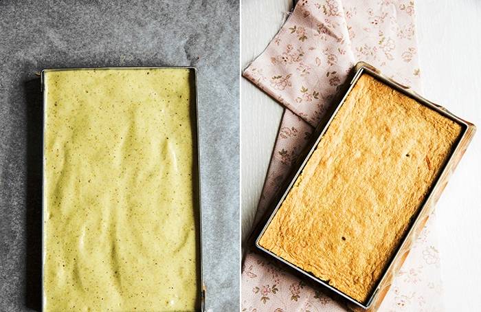 Получившееся тесто выложите поверх песочной основы и отправьте на 10 минут в разогретую до 180 градусов духовку. Затем полностью остудите основу для торта и выньте из формы. 