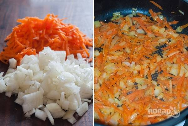 4. Лук с морковью очистите, измельчите и обжарьте на сковороде с небольшим количеством растительного масла.