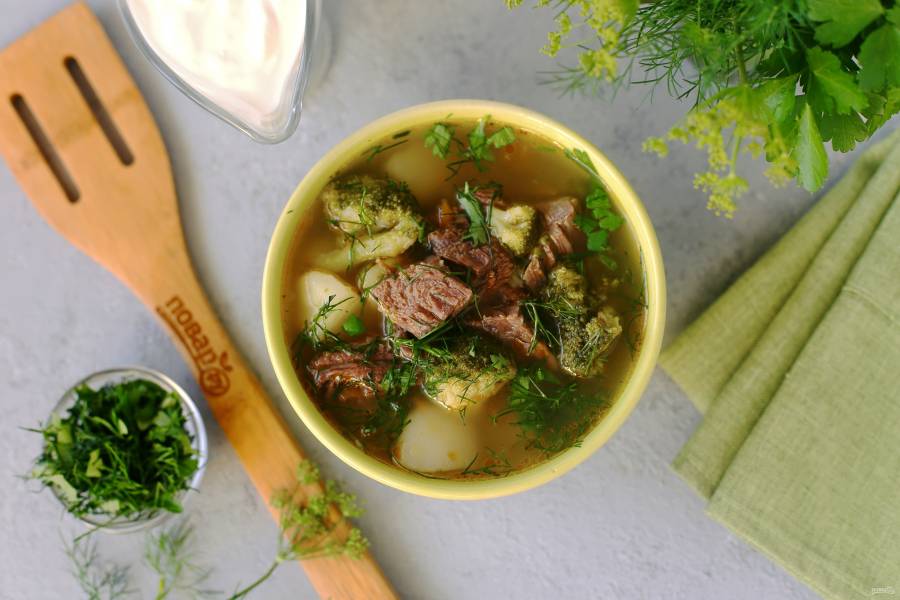 Суп с запечённой говядиной и жареными овощами