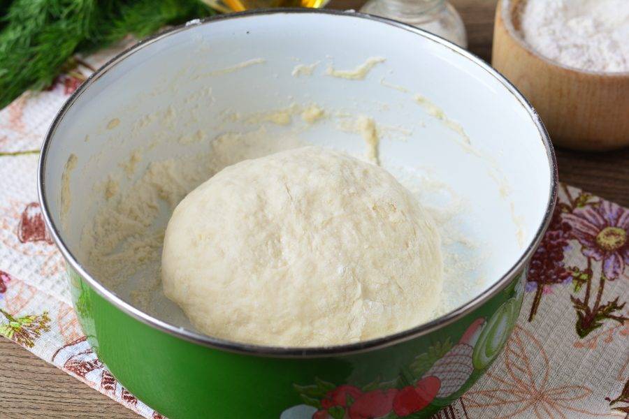 Замесите гладкое мягкое тесто. Оставьте на 30-40 минут для подъема, прикрыв пищевой пленкой или полотенцем.