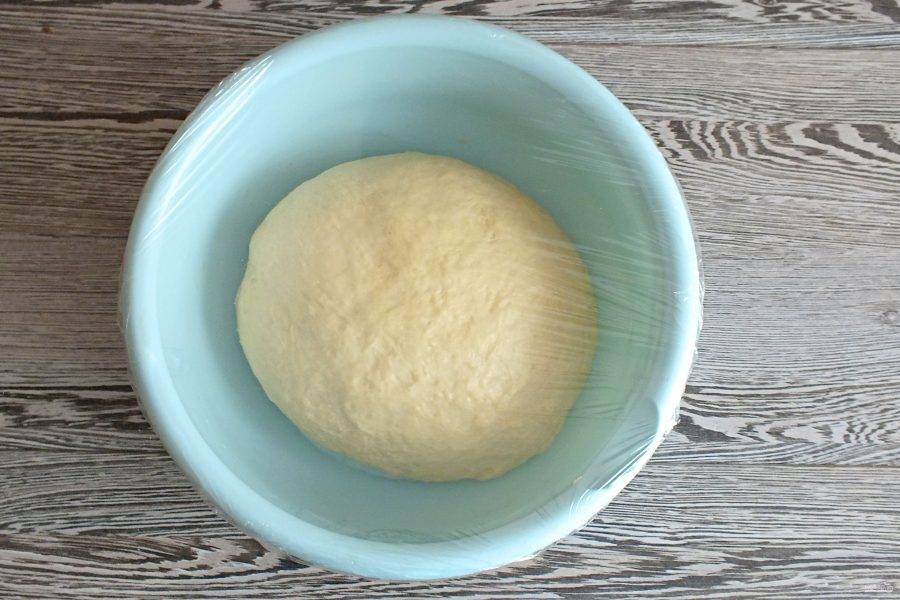 Тесто необходимо месить в течение 2-5 минут. Отбивайте его об рабочую поверхность, хорошо разминайте. Важно, чтобы получилось мягкое, однородное, слегка влажное тесто. Округлите его и выложите в чашу. Чашу затяните и уберите в теплое место на 2 часа.