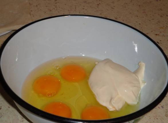 Теперь разбиваем в миску яйца, добавляем сметану, соль и специи, взбиваем все при помощи венчика. 