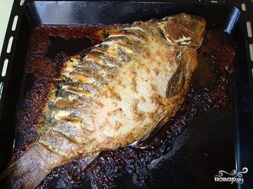 4.	Карп будет запекаться в духовке примерно один час. Духовку лучше разогреть заранее до 180 градусов.  Во время запекания доставайте рыбу два раза и смазывайте ее сметаной.
Лучше всего подать рыбу со свежими овощами. Красиво и вкусно.
