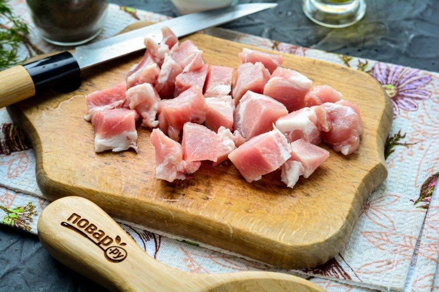 Промойте свинину, нарежьте мясо средними кусочками.