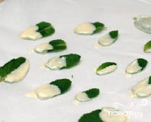 2.  Выложить каждый мятный листочек на пергаментную бумагу и положить в холодильник. Не класть листья в морозилку! 