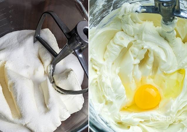 4. Тем временем приготовим крем: смешиваем при помощи миксера сыр с сахаром. Все ингредиенты должны быть комнатной температуры. По одному добавляем яйца: следующее добавляем только до полного взбивания предыдущего. Получается гладкий и пышный крем.