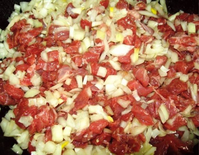 Порезанные мясо и лук выложите на сковороду с растительным маслом. 