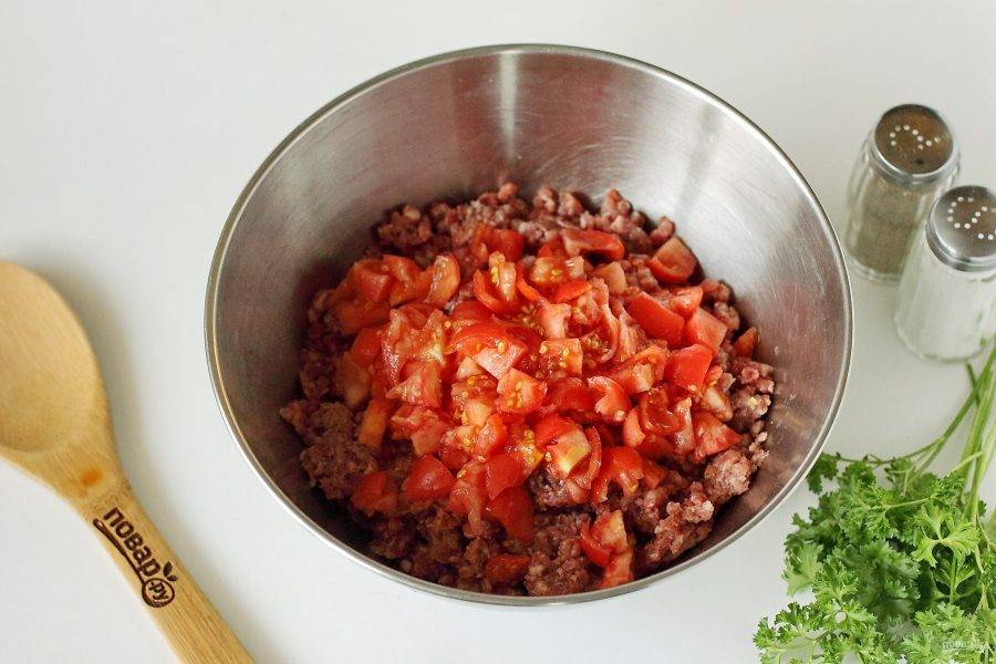 Фарш переложите в глубокую миску. Добавьте нарезанные кубиками помидоры.
